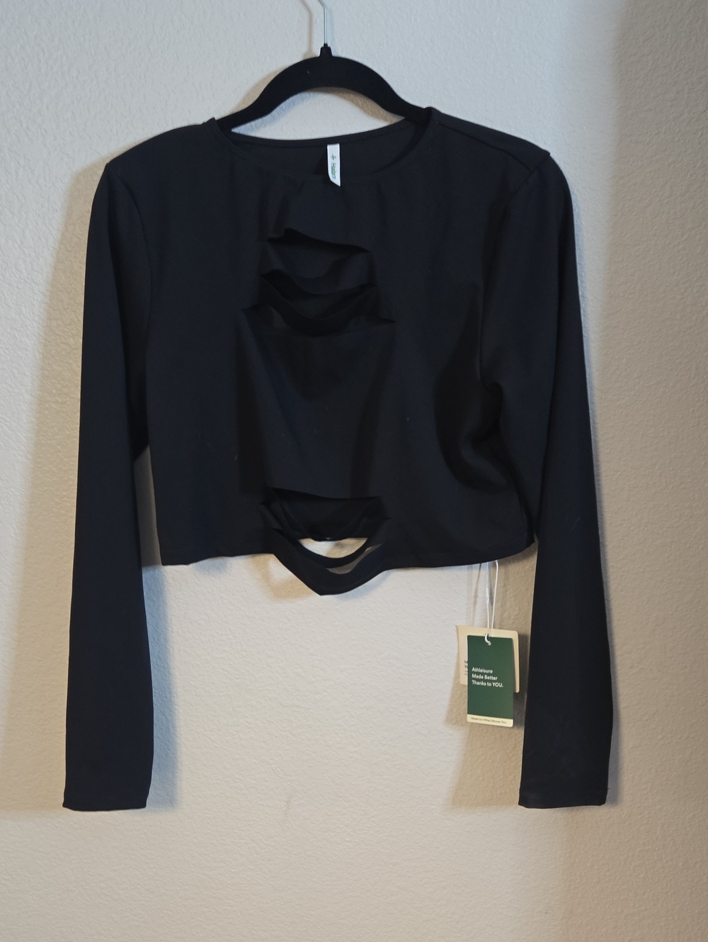 HALARA Black Cropped Long-Sleeve Top with Front Slit Details